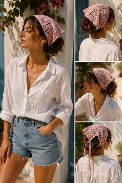 kılıçbey tekstil Kadın File Örgü Bandana Yazlık Delikli Triko Saç Bandanası P...
