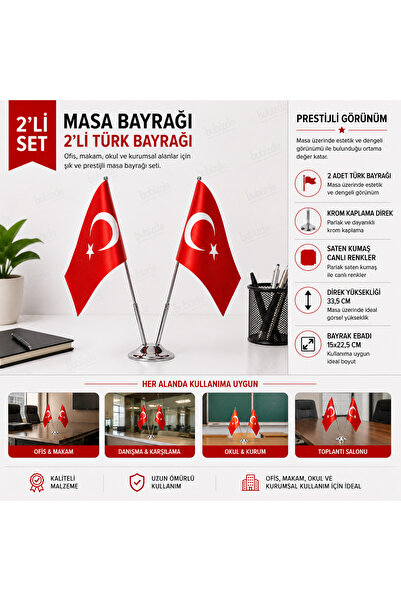 Modern Raf 2'li Masa Üstü Türk Bayrağı Krom Direkli Makam Ofis Bayrak Seti