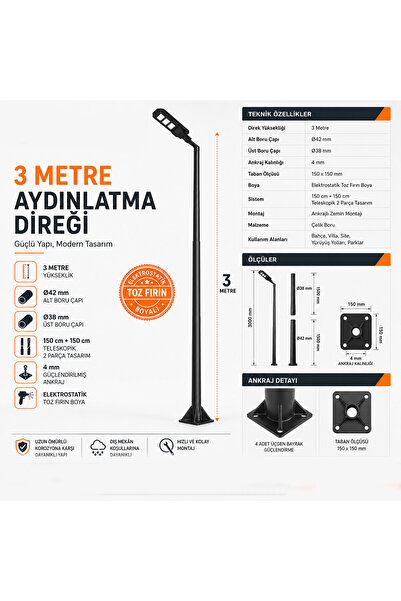 DİREKGEN 3 Metre Bahçe Aydınlatma Direği Ankrajlı Teleskopik Direk Elektrosta...