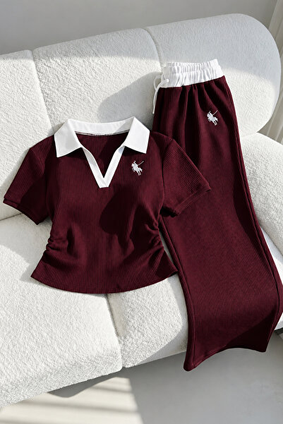 İlayda Toprak Glad Bordo Premium Polo Yaka Fitilli Likralı Nakışlı Büzgülü Bl...