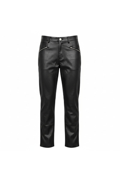 Generic Women's Black Leather Straight Leg Pants with Zippers