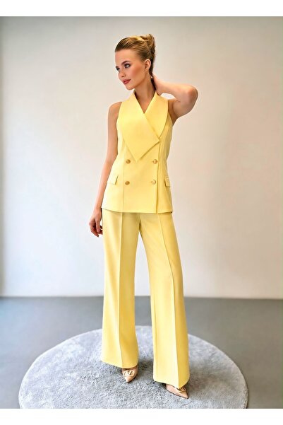 ossons Stylish Gold Button Detailed Shawl Collar Vest and Yellow Trouser Set