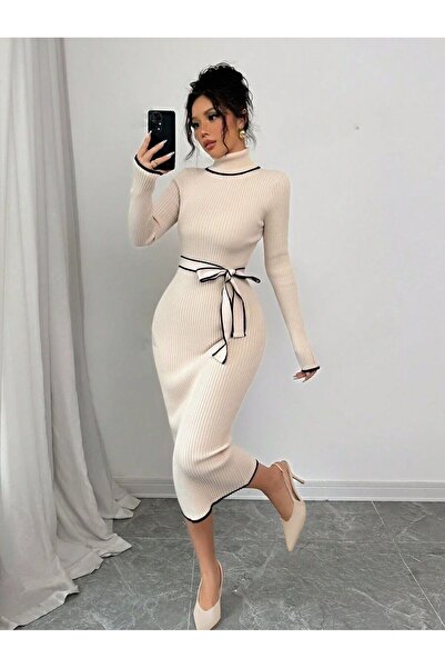 Iuliashop Rochie midi tricotată Serda crem - S