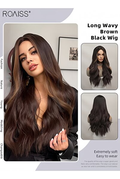 ROAISS Long Wavy Brown Black Wig, Women's Middle Parting Natural Soft Synthet...