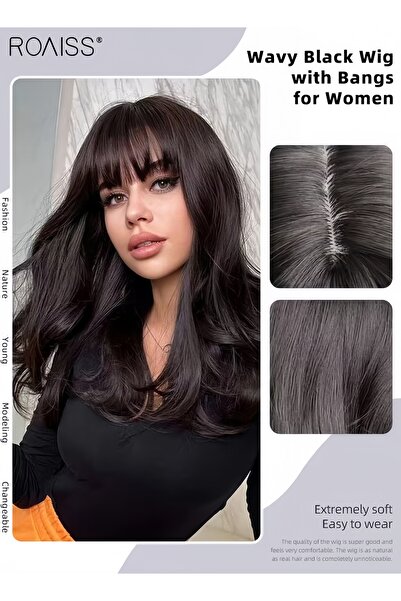 ROAISS Wavy Wig with Bangs Natural Soft Synthetic Heat Resistant Hair for Wom...