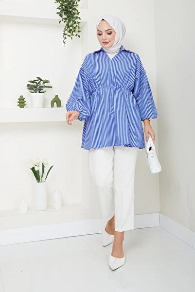 TATULA Striped Shirt with Elastic Waist and Button Detail on the Shoulders