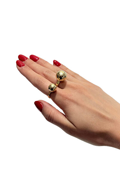 Hasyılmaz Gold Color Ball Detailed Adjustable Double Finger Ring