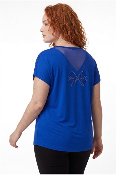 Ebsumu Women's Plus Size Blue Blouse with Tulle Detail on the Back and Stones