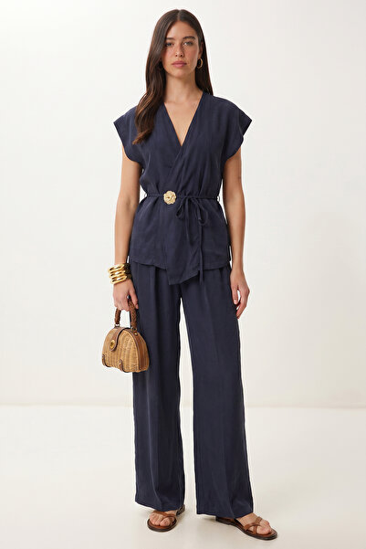 Lovelyİstanbul Gold Buttoned Modal Top and Bottom Set Lub0372 Dark Blue