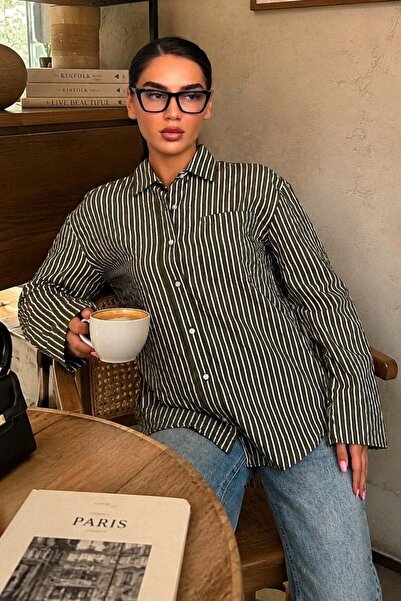 Madmext Khaki Striped Sendy Fabric Women's Shirt Mg2834