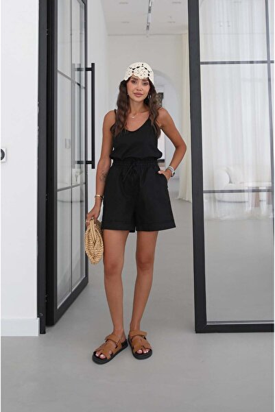 Havoş Set de in negru Riley: bluză cu bretele și pantaloni scurți