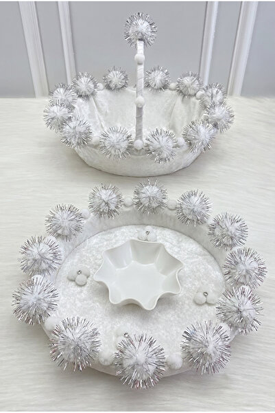 ZEYMERADE White Bridal Velvet Henna Night Tray and Basket, with Glitter Pompo...