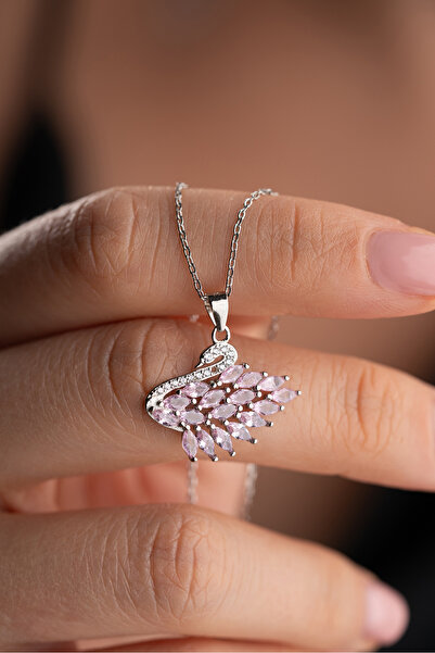 Silvano Jewelry 925 Ayar Gümüş Pembe Mekik Taşlı Kuğu Kolye