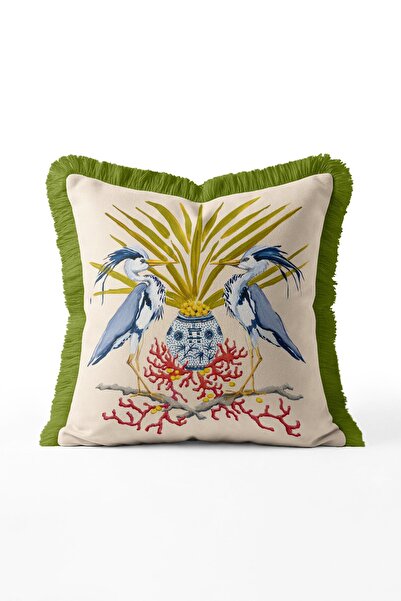 IdeCraft Sea Theme Fringed Throw Pillow Cover with Heron Bird - Cream Backgro...