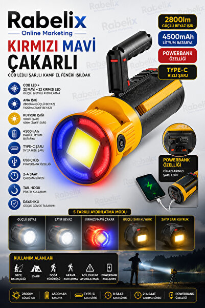 Rabelix Online Marketing 2800 Lümen Şarjlı Kamp El Feneri COB LED Kırmızı Mav...