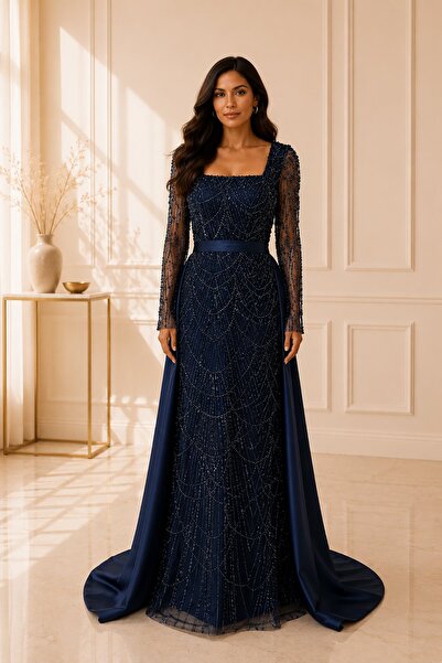 Rain and River Cape Detailed Embroidered Plus Size Evening Dress