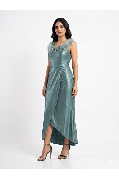 sea gulf Soft Shiny Satin Evening Gown with Feathers Around the Neck and a Sl...