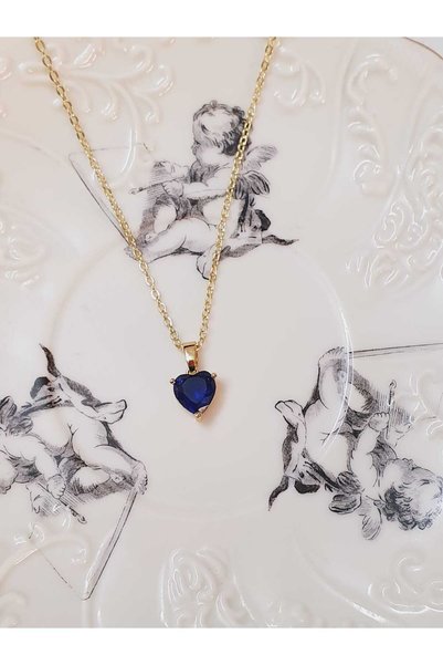 PRETTY LITTLE LADY Dark Blue Zirconium Heart Necklace,Copper Inlaid