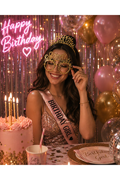 Dizayn Parti Evi Happy Birthday Mika Taç ve Mika Gözlük Seti Gold / Gümüş Ren...
