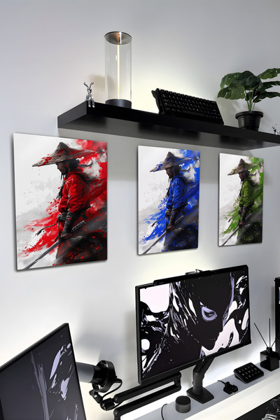 DekorHane Metal Print - Set de 3 tablouri cu războinici japonezi, cameră de j...