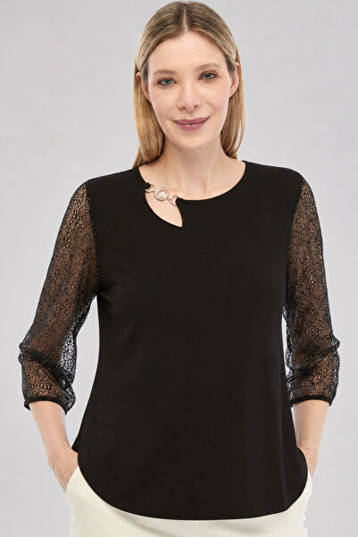 Curvy Trend Plus Size Asymmetrical Metal Collar Detailed Lace Sleeve Oval Sli...
