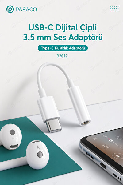 PASACO USB-C Type-C to 3.5 mm Kulaklık Çevirici Ses Adaptörü DAC Çipli Beyaz ...