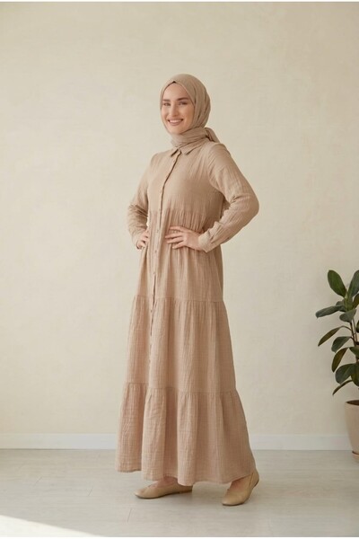 PORİENTO Beige Color Women's 100% Cotton Muslin Fabric Dress Buttoned Shirt C...