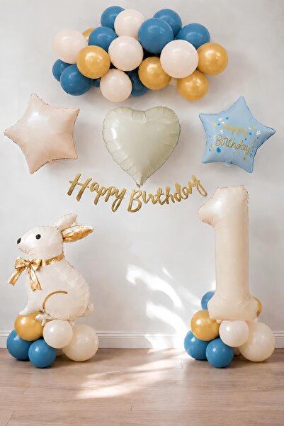Patladı Gitti Blue Rabbit Themed 1St Birthday Balloon Set