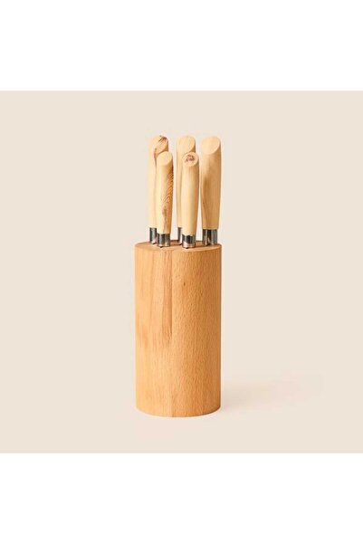 Evidea Kitchen 5 Parça Blok Santoku Bıçak Seti - Kahverengi