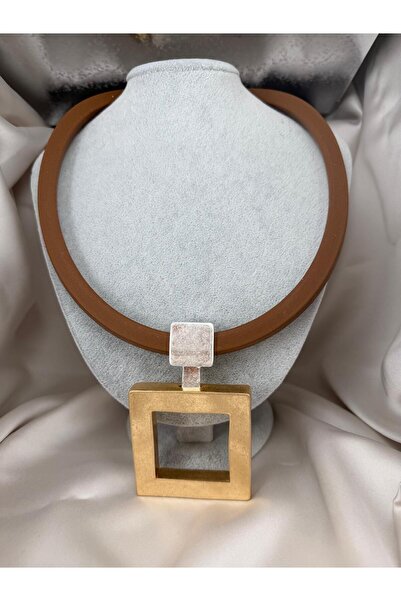 ZS Aksesuar Modern Geometric Square Pendant Necklace Brown Design with Gold D...