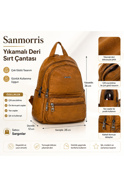 Sanmorris Yıkamalı Deri Dokulu Çok Gözlü Fermuarlı Kadın Seyahat ve Sırt Çantası