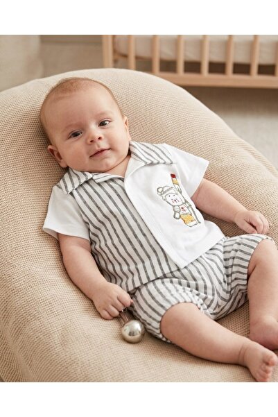 VOY KİDS Baby Boy Striped Shirt and Collared Shorts Newborn Summer Set, 0-3-6...