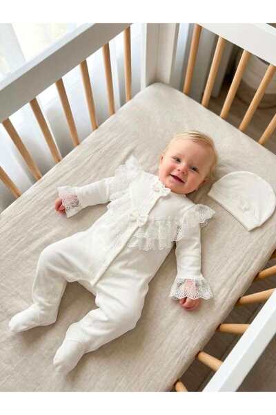 Bebila Baby Baby Girl Mevlütlük Jumpsuit with Lace Hat, 100% Cotton, Hospital...