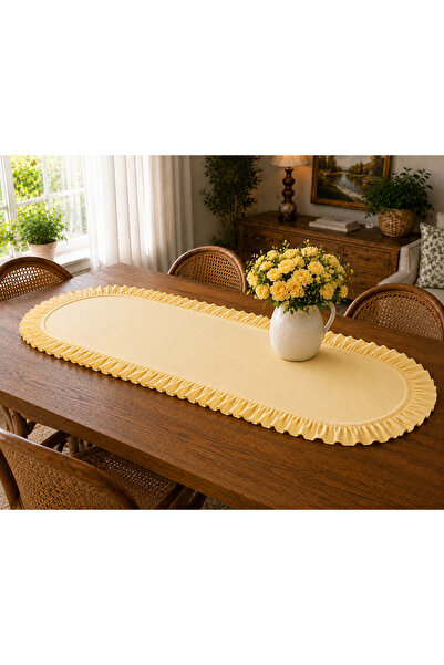 ŞAH TEXTILE DESIGN Oval sarı sık fırfırlı keten runner 40x110