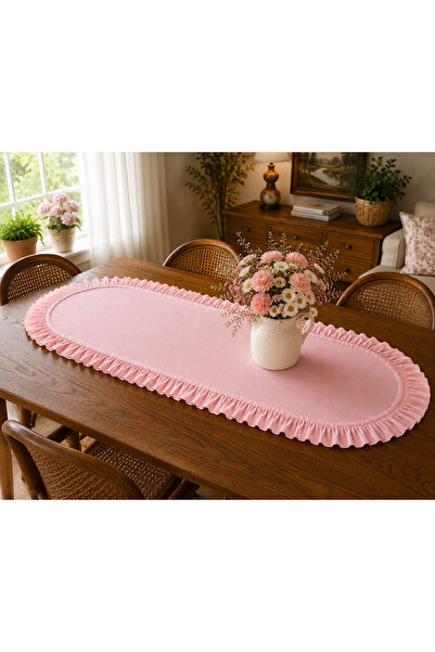 ŞAH TEXTILE DESIGN Oval pembe sık fırfırlı ,pileli keten runner 40x110