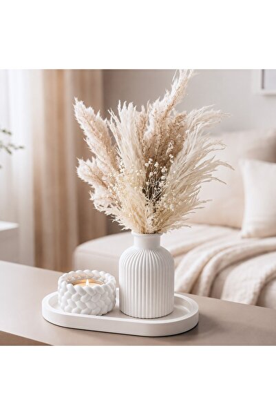 Denseden Dekoratif Beton Tepsi Seti Vazolu Mumluklu Modern Salon Orta Sehpa D...