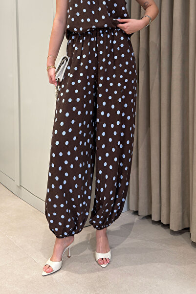 MAGARDE Linen Waistband Elastic Polka Dot Patterned Shalwar - Brown