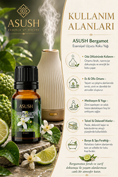 ASUSH Bergamot Esansiyel Yağ 10 ML – Ferah, Narenciye Kokulu Aromatik Yağ