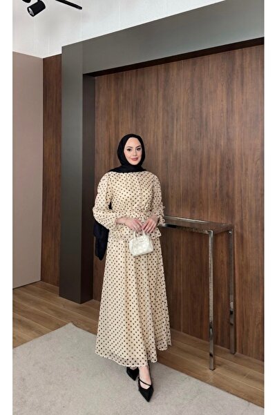 nurvina modest wear Puantiyeli Astarlı Tül Etek Bluz İkili Takım BEJ