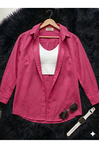 thefun fashion Kadın Oversize Kesim Dokuma Keten Uzun Kollu Pembe Gömlek %100...
