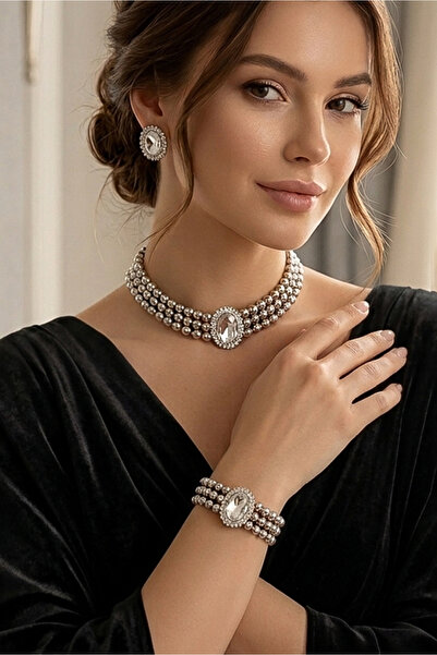 Happyline Oval Gümüş Taşlı Gri Boncuklu Choker Set Takım, Gri Boncuk Kolye , ...