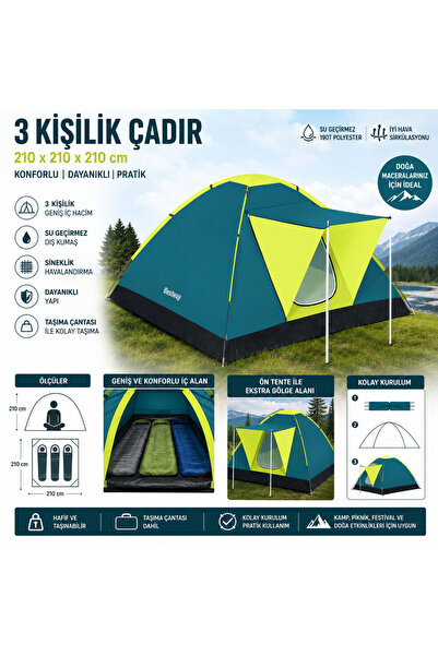 EVİMİST 3 Kişilik Kamp Çadırı 210x210x210 cm Su Geçirmez Taşıma Çantalı Kolay...