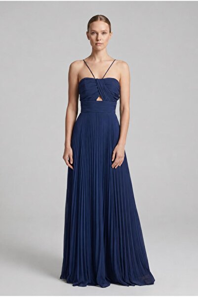 Navy Blue Strappy Pleated Evening Dress