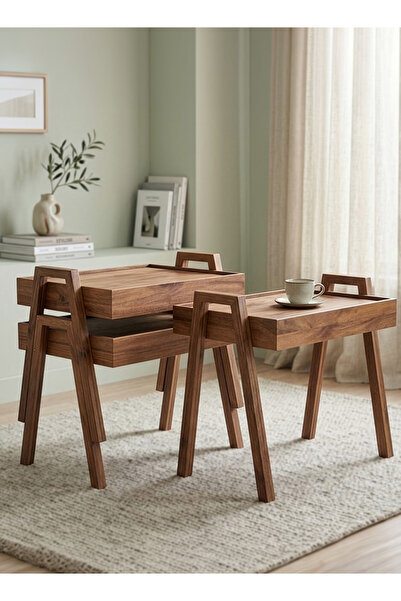 Cady One 3-Piece Wooden Serving Table, Serving Tray Table with Stable Legs an...