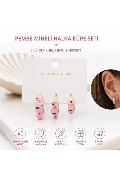 Mervişim Aksesuar 3-Piece Enameled Zircon Stone Pink Colored Spotted Hoop Wom...