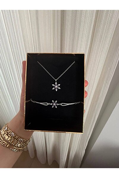 HKN AVM ACCESSORİES Gümüş Renk Mor Ametist Taşlı Lotus Çiçeği kolye bileklik seti sevgiliye arkadaşa doğum günü hediyesi sevgililer günü Hediyesi