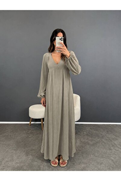 manana fashion V-Neck Long Sleeve Seersucker Linen Fabric Belted Long Dress