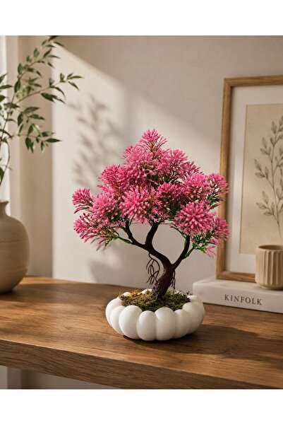 Lineva Beyaz Bubble Saksıda Yapay Pembe Kasımpatı Bonsai – Dekoratif Yapay Çiçek