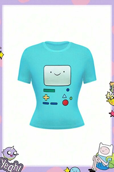 BALİNA Mavi Adventure Time BMO Face Y2K Kısa Kollu Crop