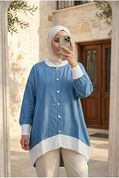 Kirazca Butik Women's Denim Shirt with Ribbed Trim, Loose Fit, Islamic Clothi...